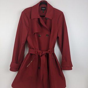 Express Red Belted Flare Trench Coat With Pockets
